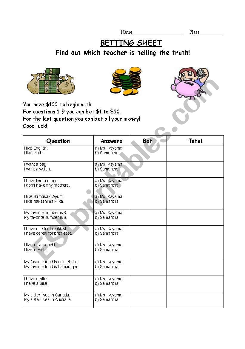 Betting game worksheet