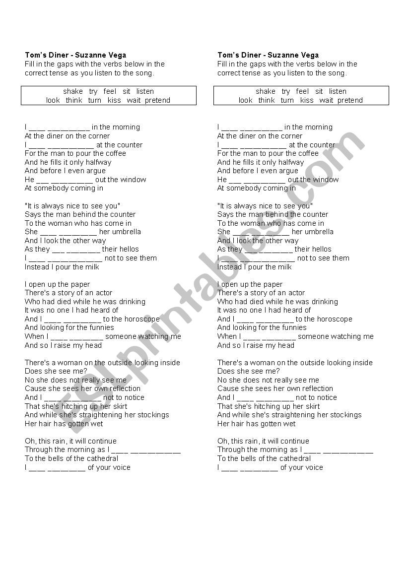 Toms Diner Song Activity worksheet