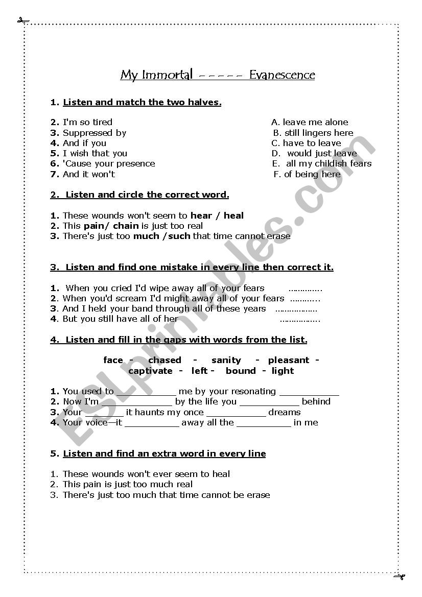 Song worksheet worksheet