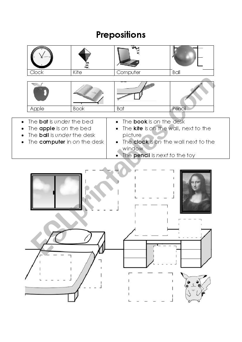 Prepositions + objects in our bedroom