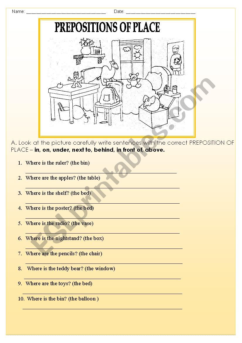 PREPOSITIONS OF PLACE worksheet