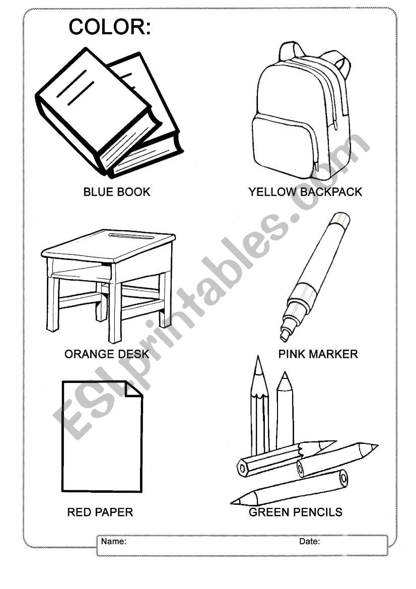 Colors and school supplies worksheet