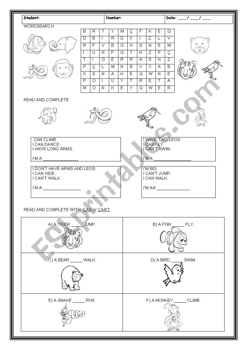 CAN (ABLITIES) + ANIMALS worksheet