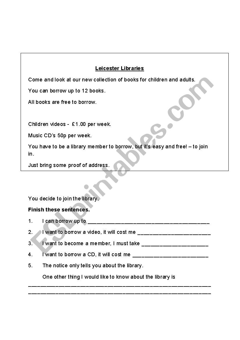 Leicester Libraries worksheet