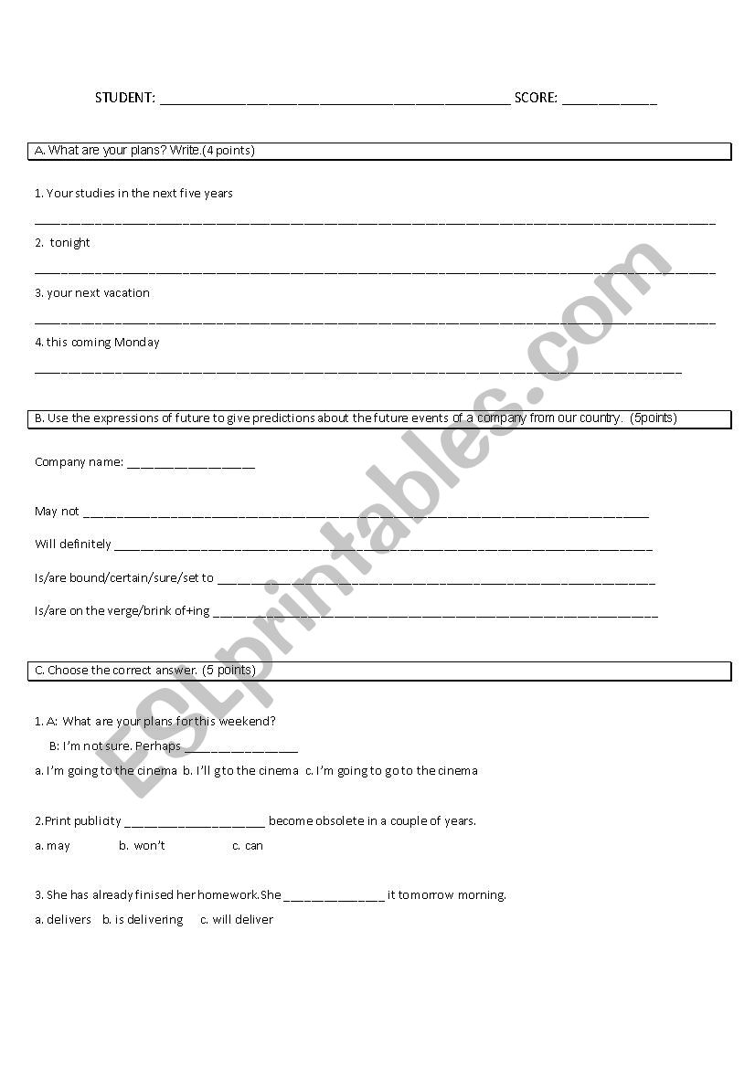 quizz for future tenses worksheet