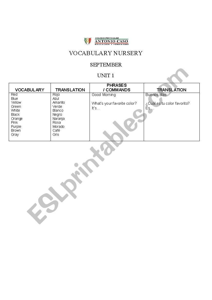 vocabulary for kindergarten level 2