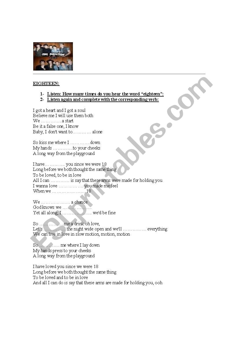 EIGHTEEN - ONE DIRECTION worksheet