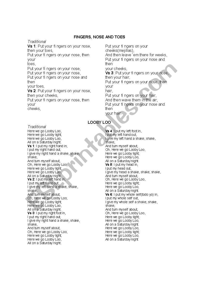 body parts songs worksheet