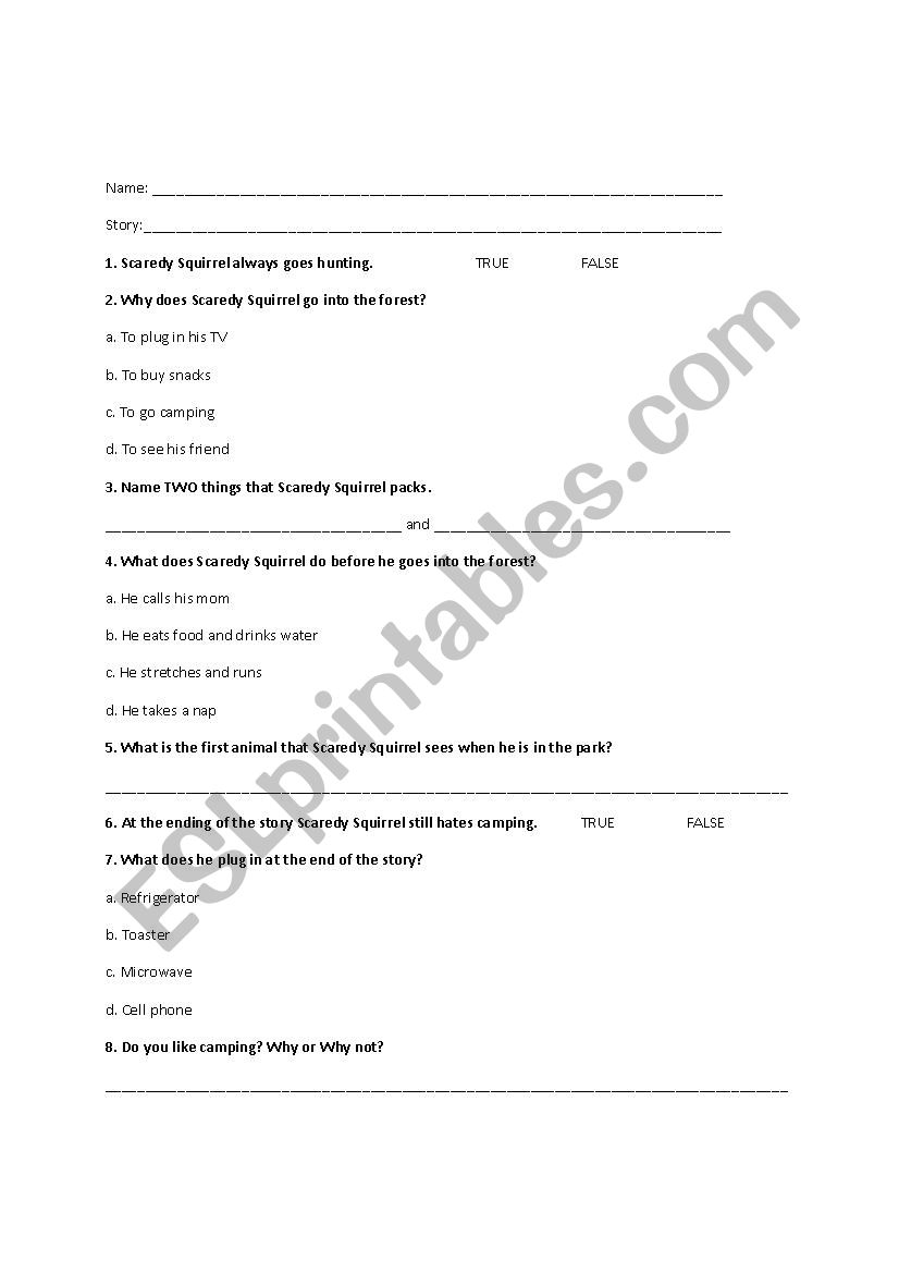 Scaredy Squirrel Goes Camping worksheet