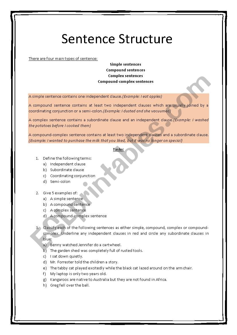 Sentence Structure worksheet