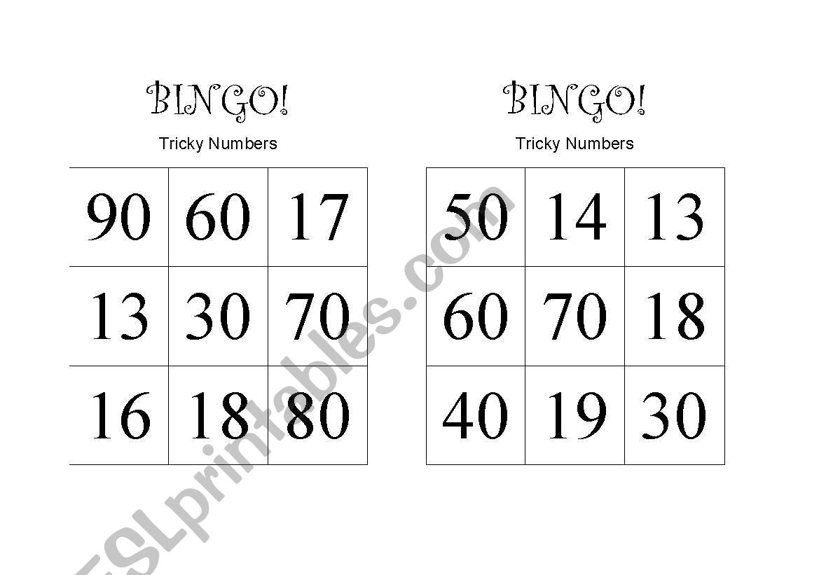 BINGO boards - tricky numbers worksheet