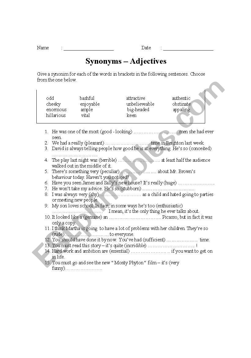 Give a synonym of Adjectives worksheet