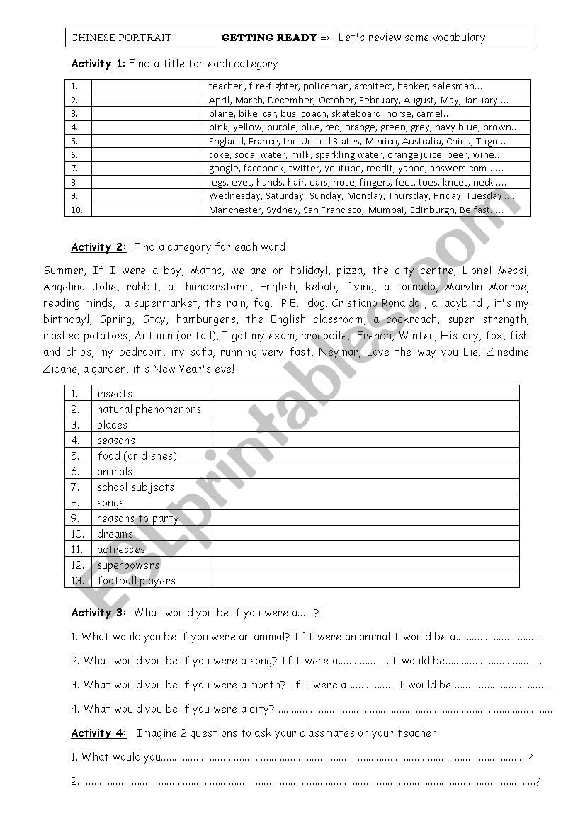 Chinese Portrait worksheet