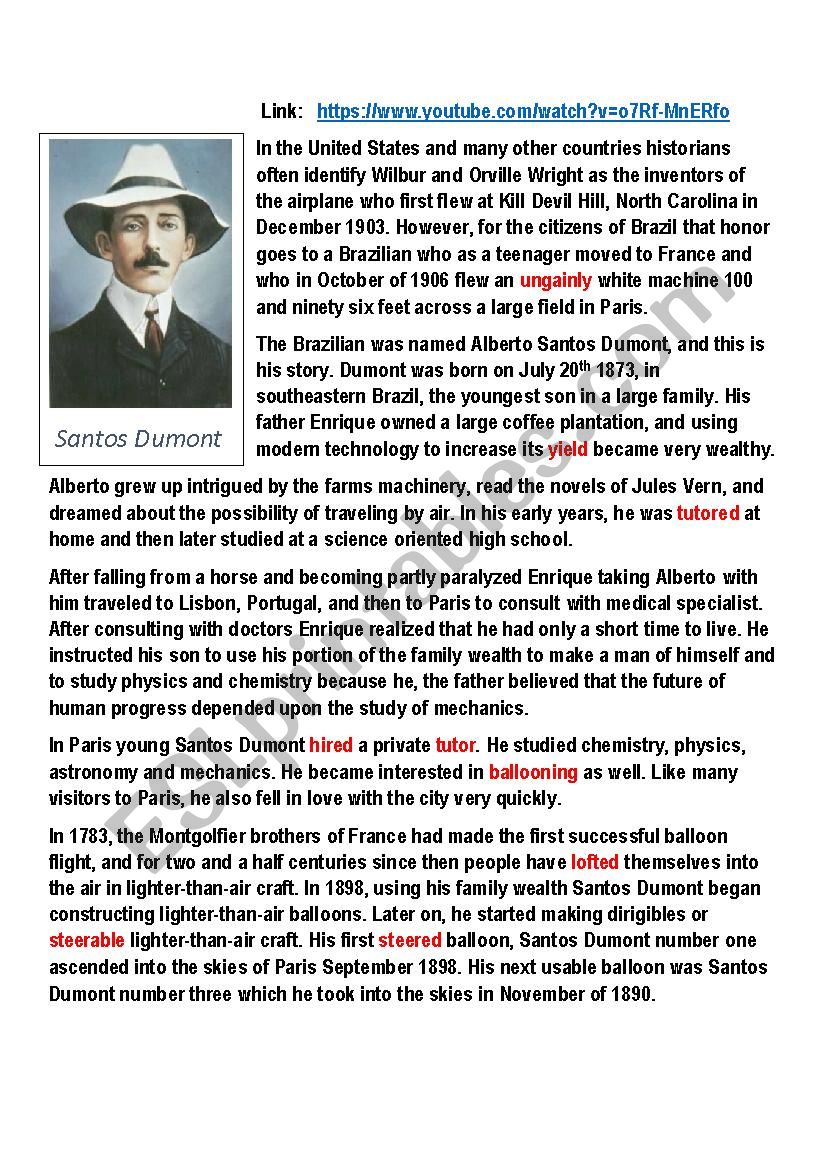 Santos Dumont Biography worksheet