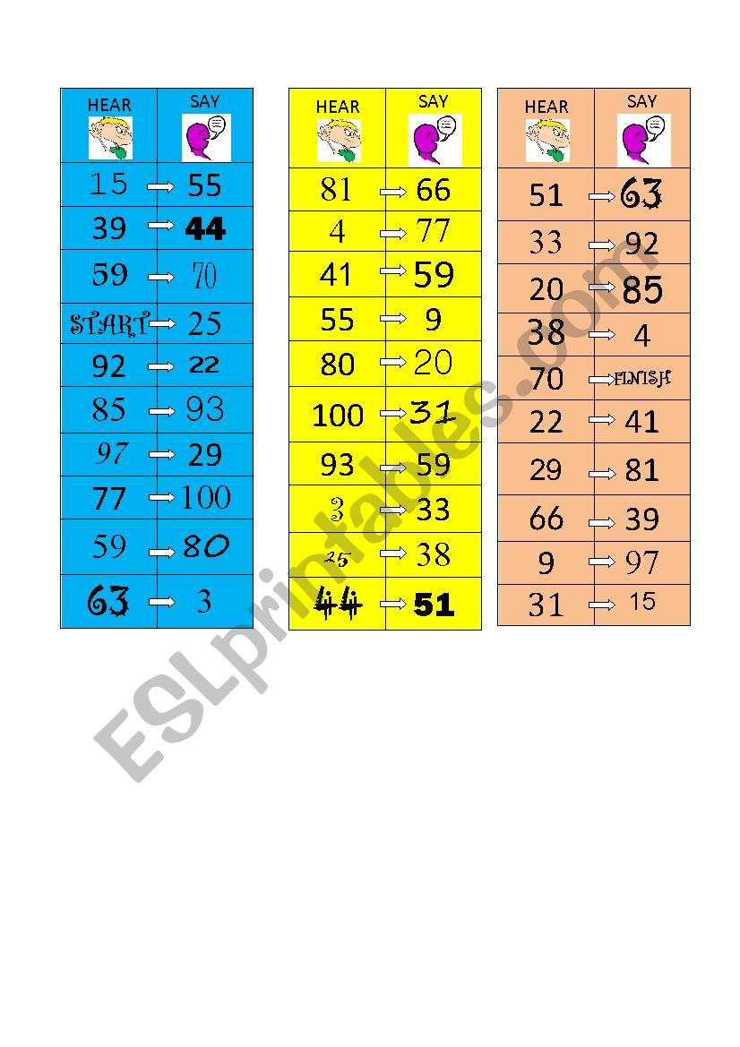 Numbers game worksheet