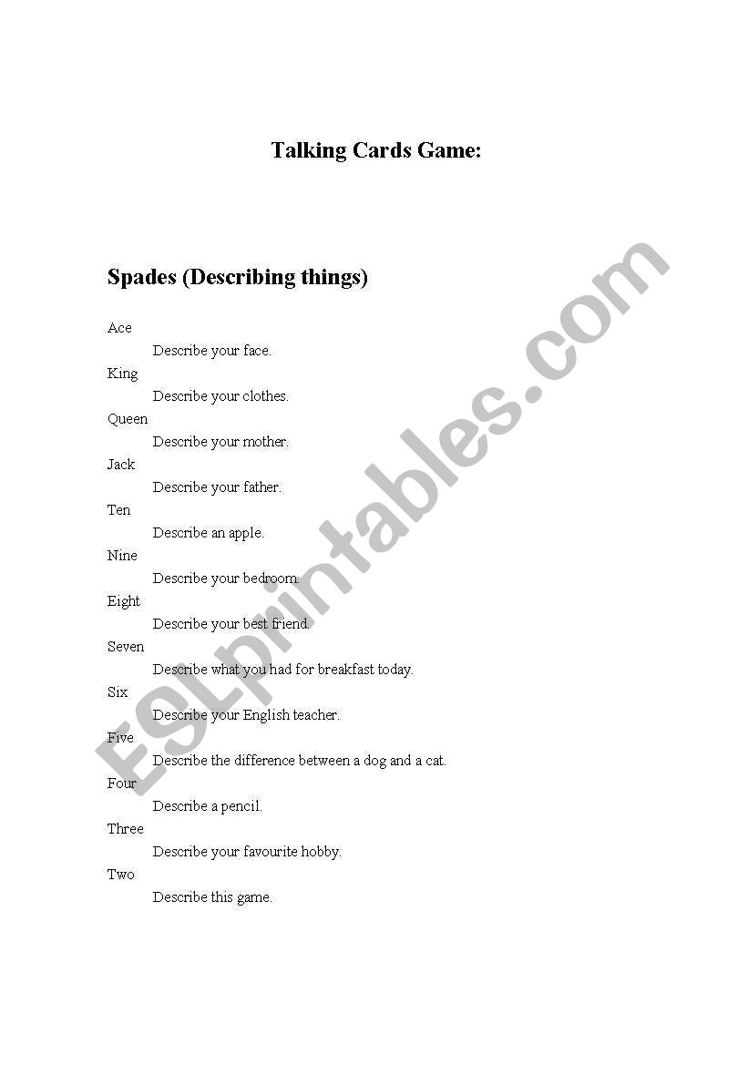 Talking Cards Game worksheet