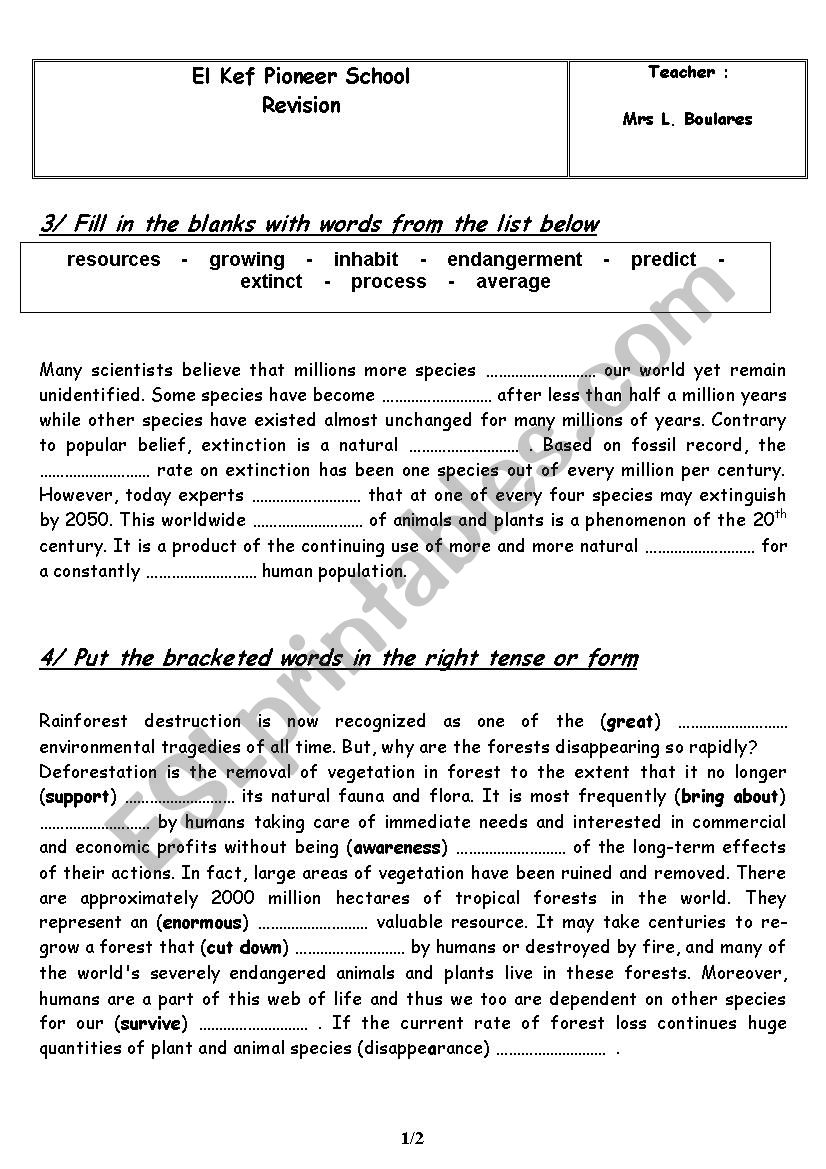 revision tasks worksheet