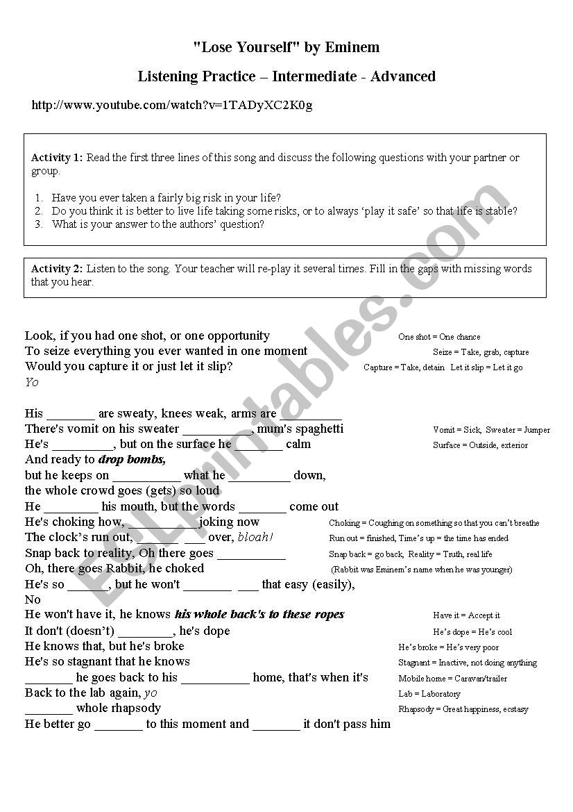 Song Worksheet: Lose Yourself by Eminem