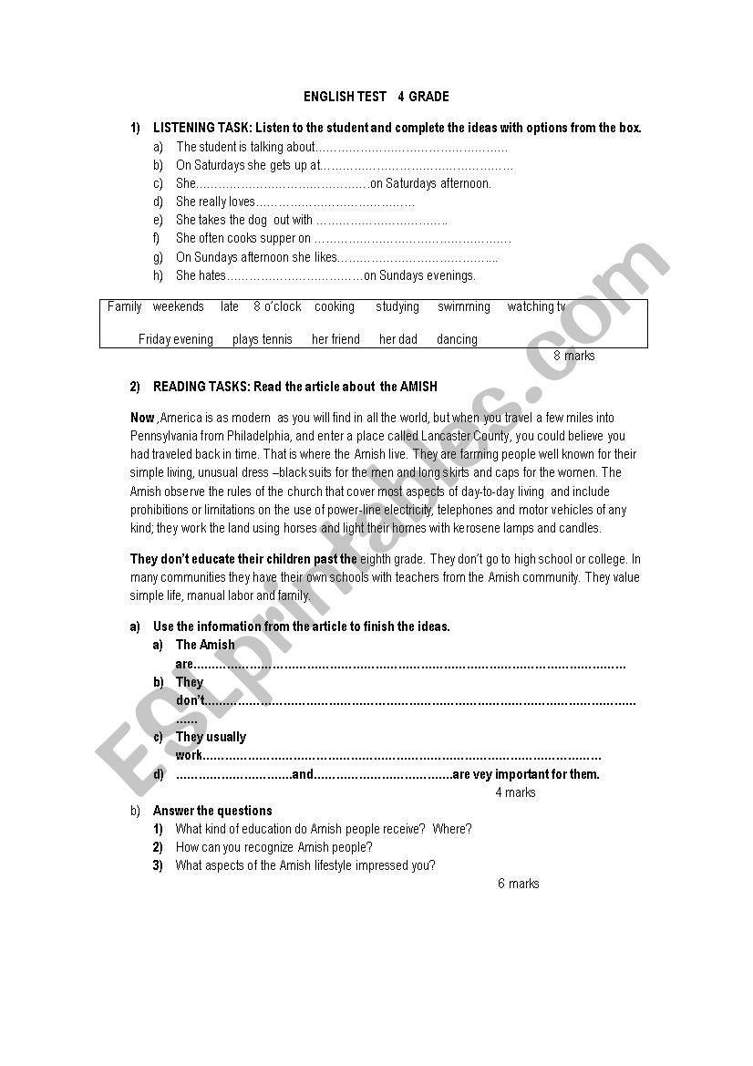 english test 4th grade worksheet