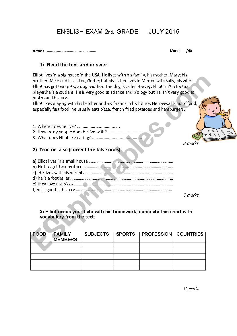 english exam 2nd grade worksheet