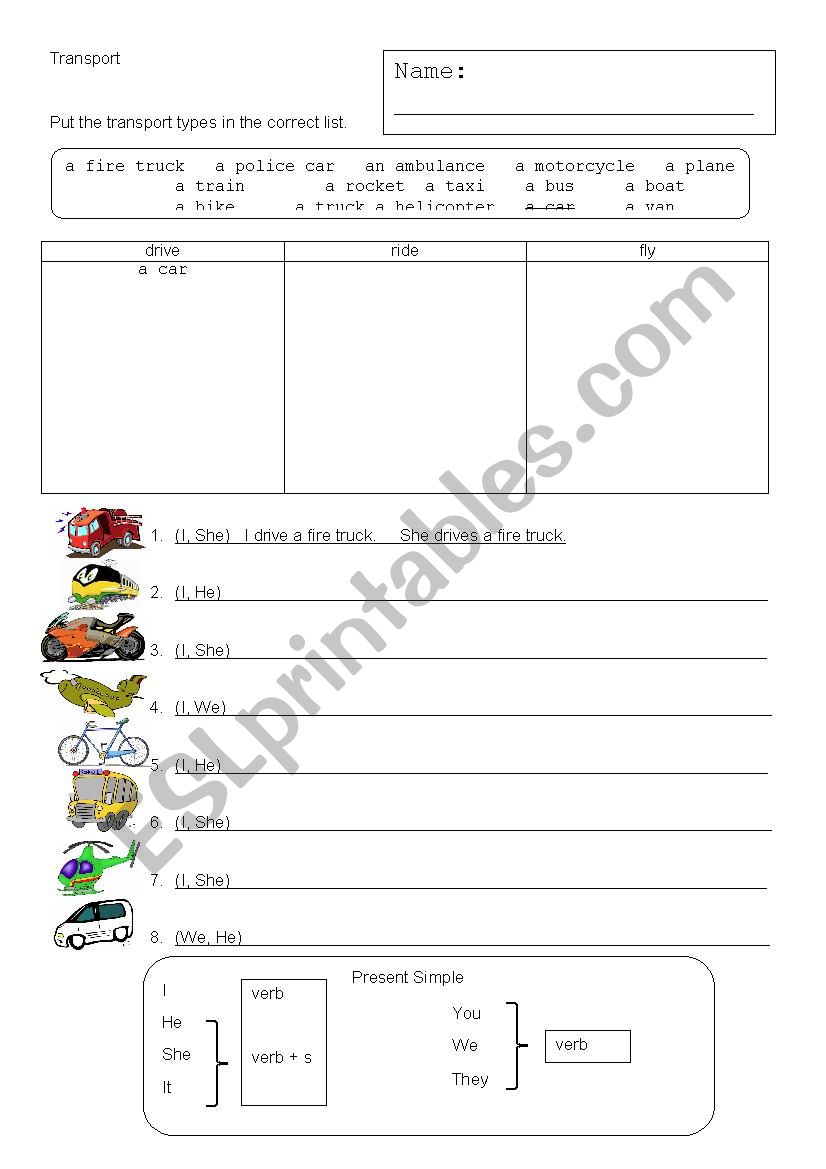 Transport - with verbs worksheet