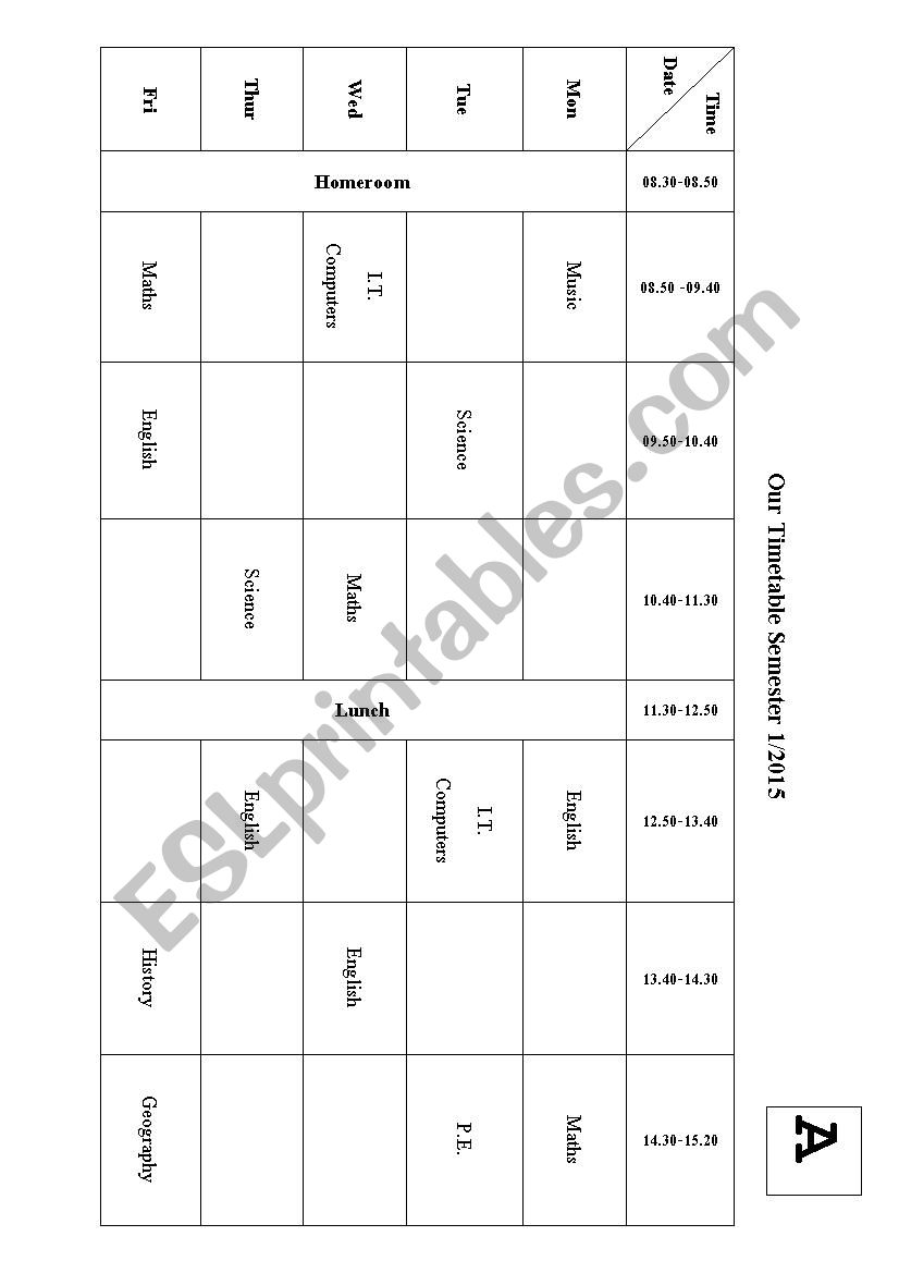 School subjects and timetable worksheet