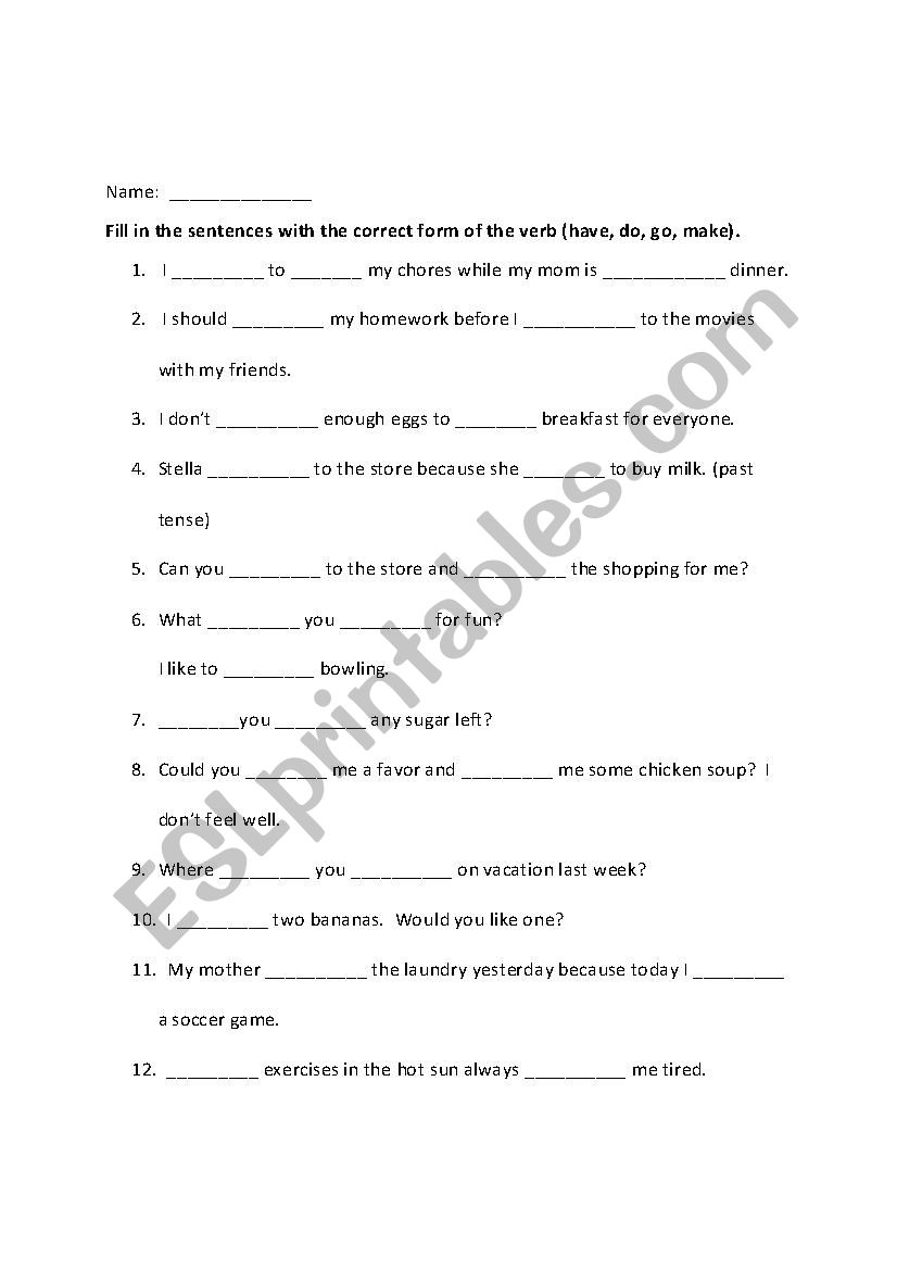 Have, Do, Go, Make Practice worksheet