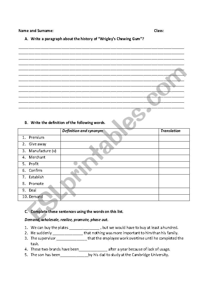 Vocabulary Quiz worksheet