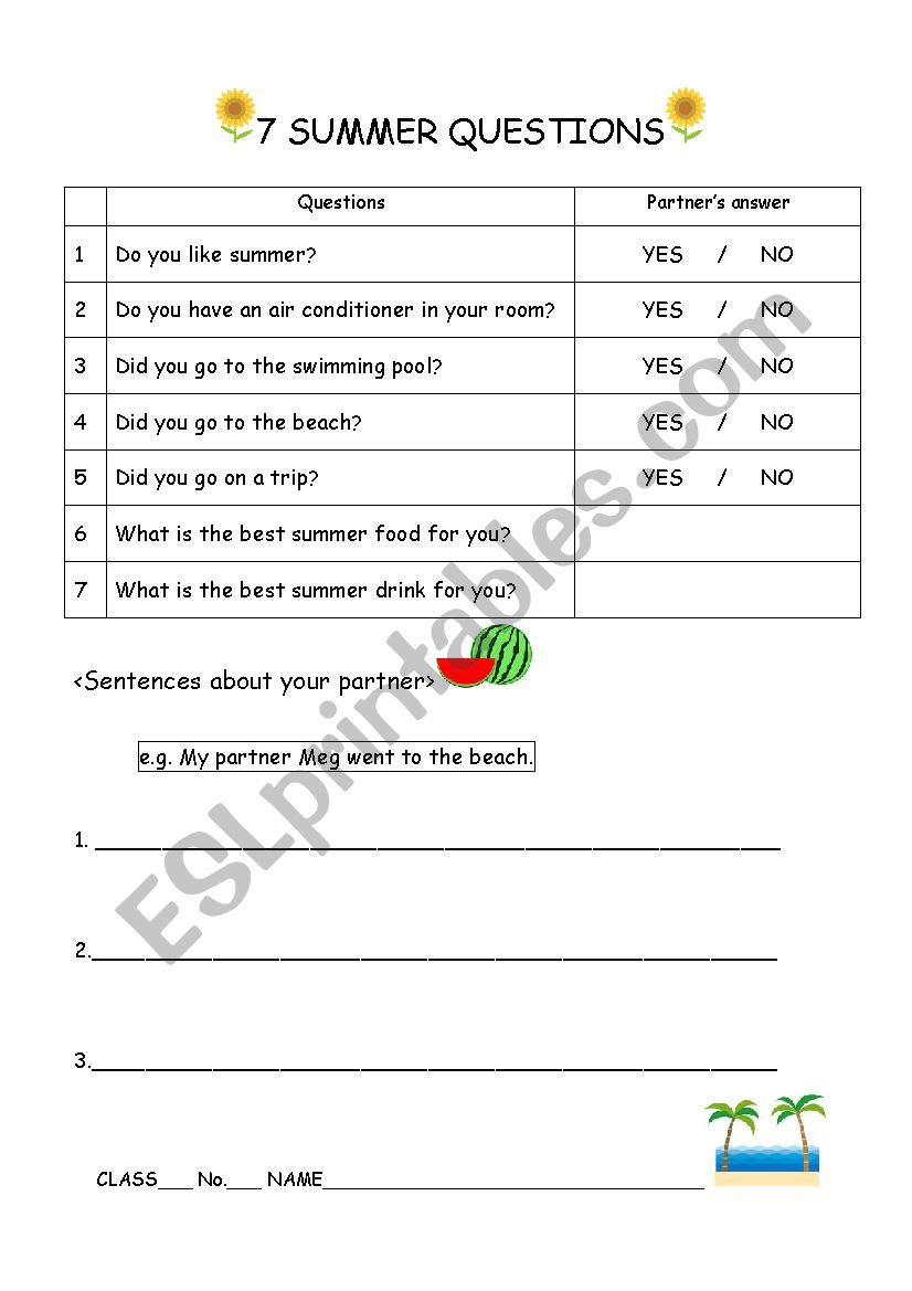 Seven Summer Questions worksheet