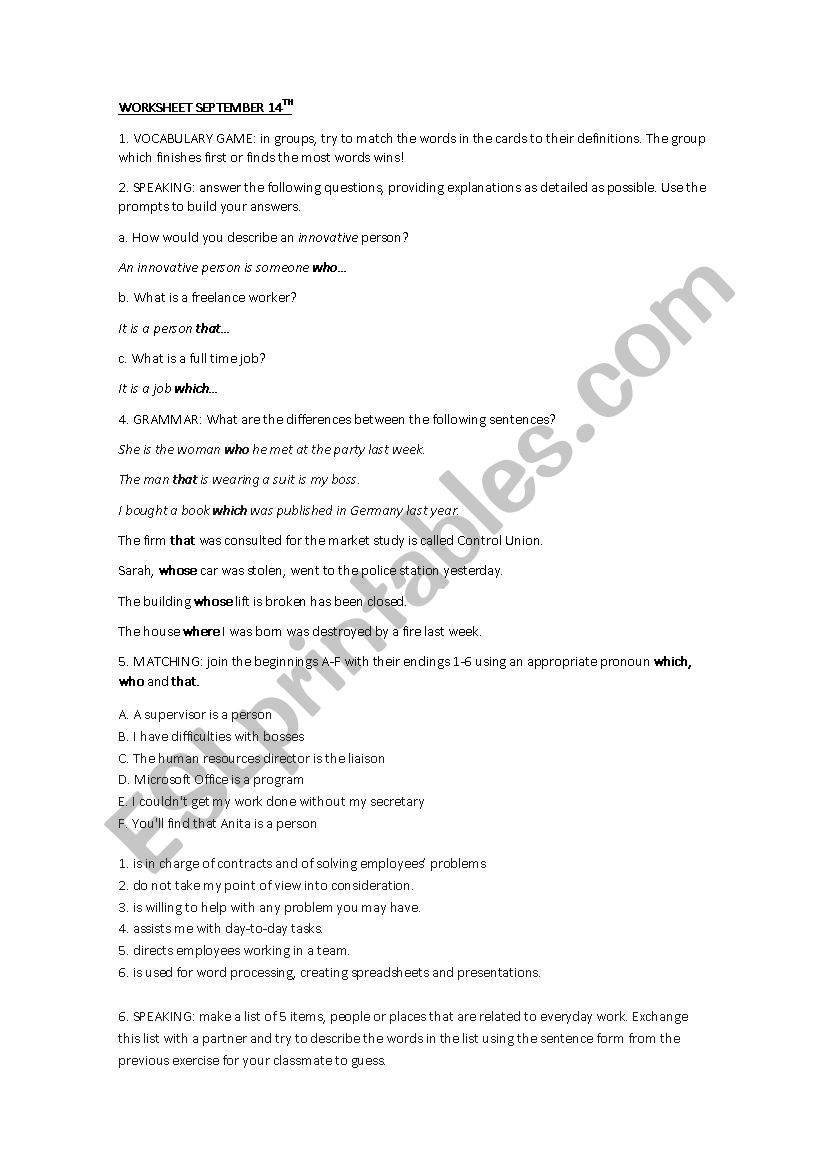 Introducing Relative Clauses worksheet