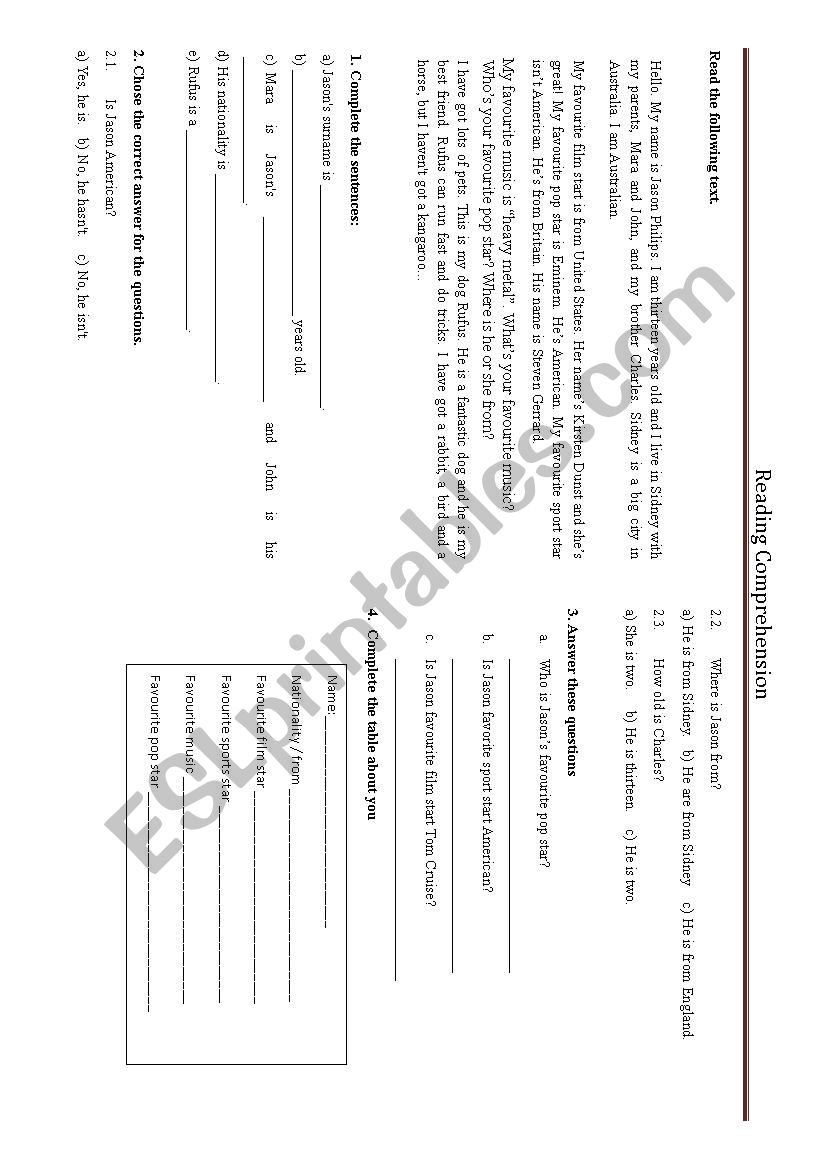 Reading Comprehension.  worksheet