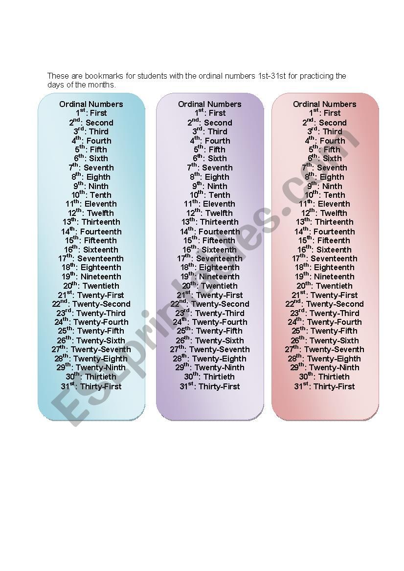 Ordinal Numbers Bookmarks and Practice