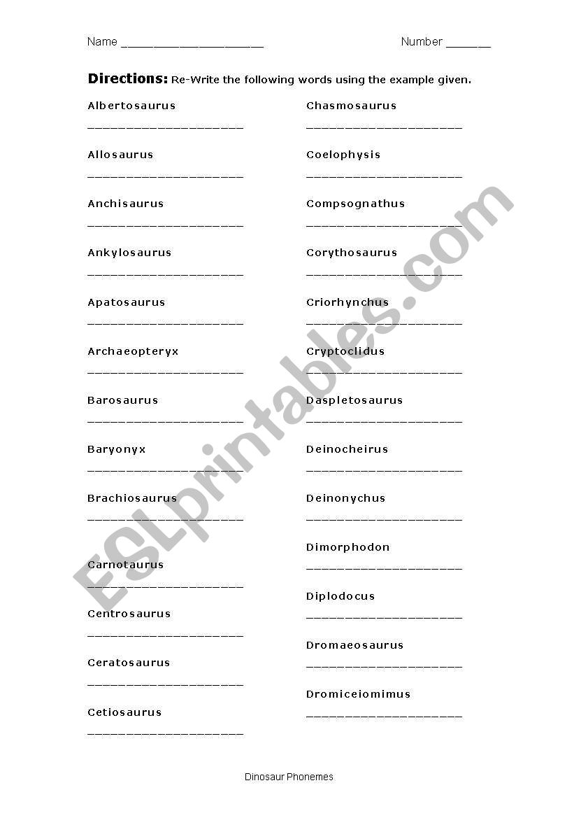 Phonemes - Dinosaur Words worksheet