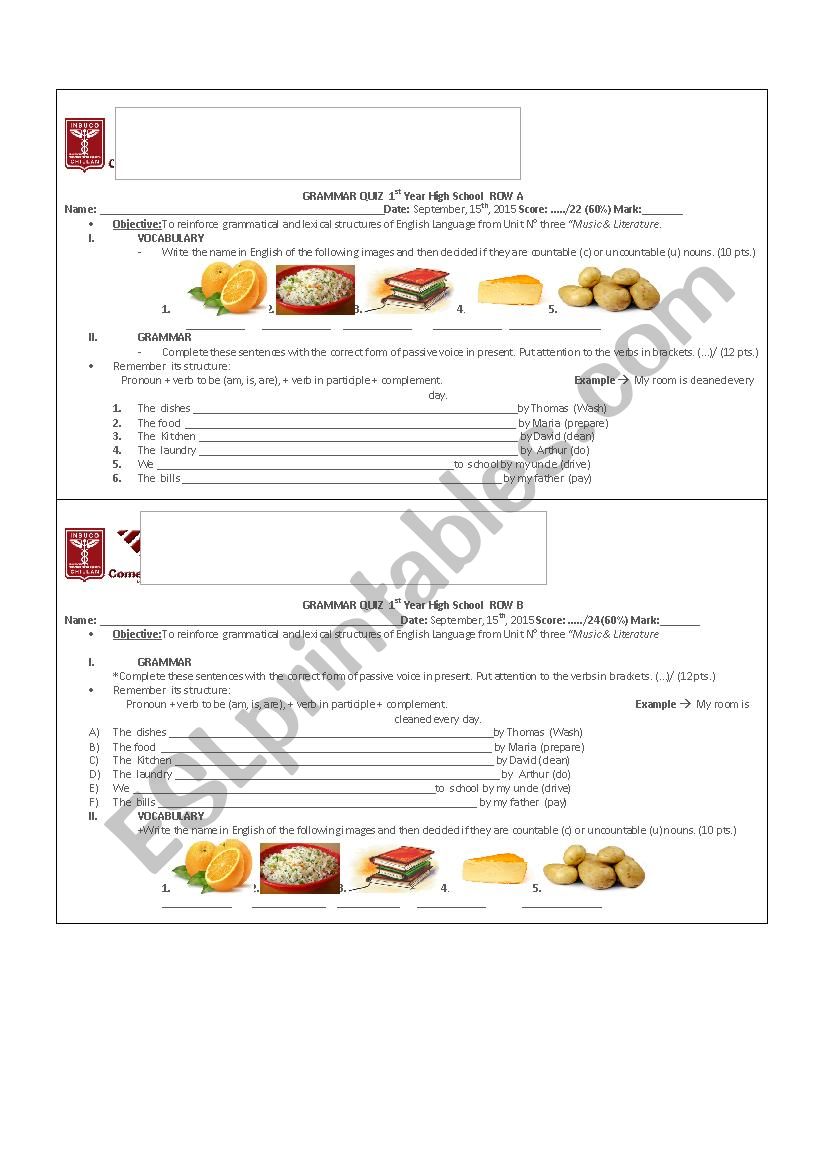 PASSIVE VOICE  + COUNTABLE NOUNS  QUIZ