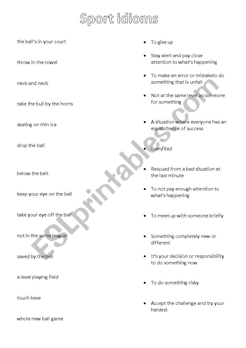Sports idioms matching exercise