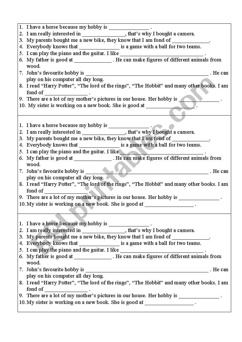 Hobbies worksheet