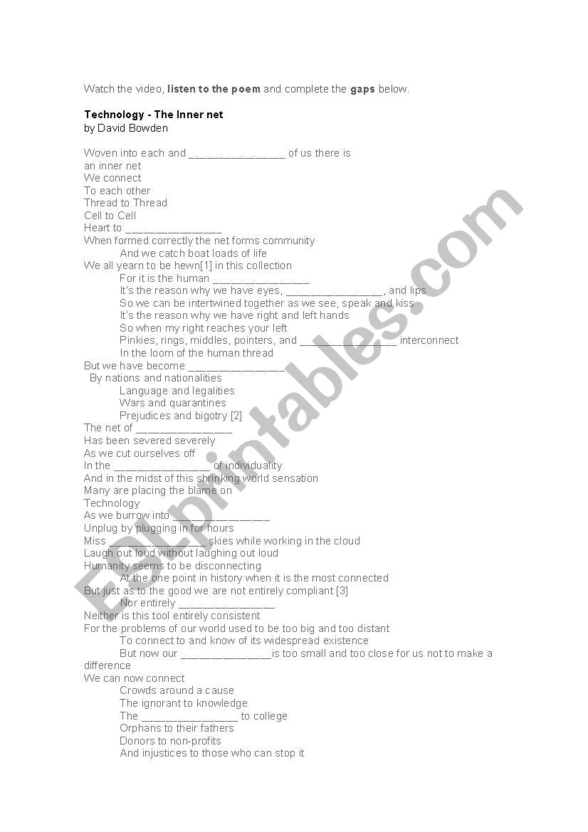 Technology - poem - gaps worksheet