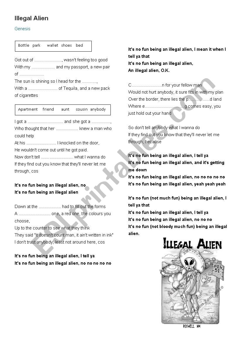Song Illegal Alien by Genesis worksheet