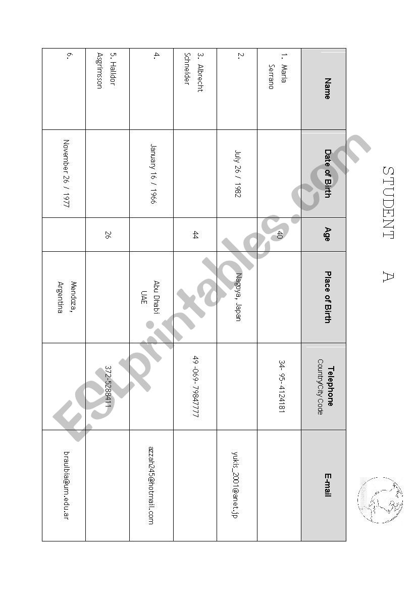 Personal information charts worksheet