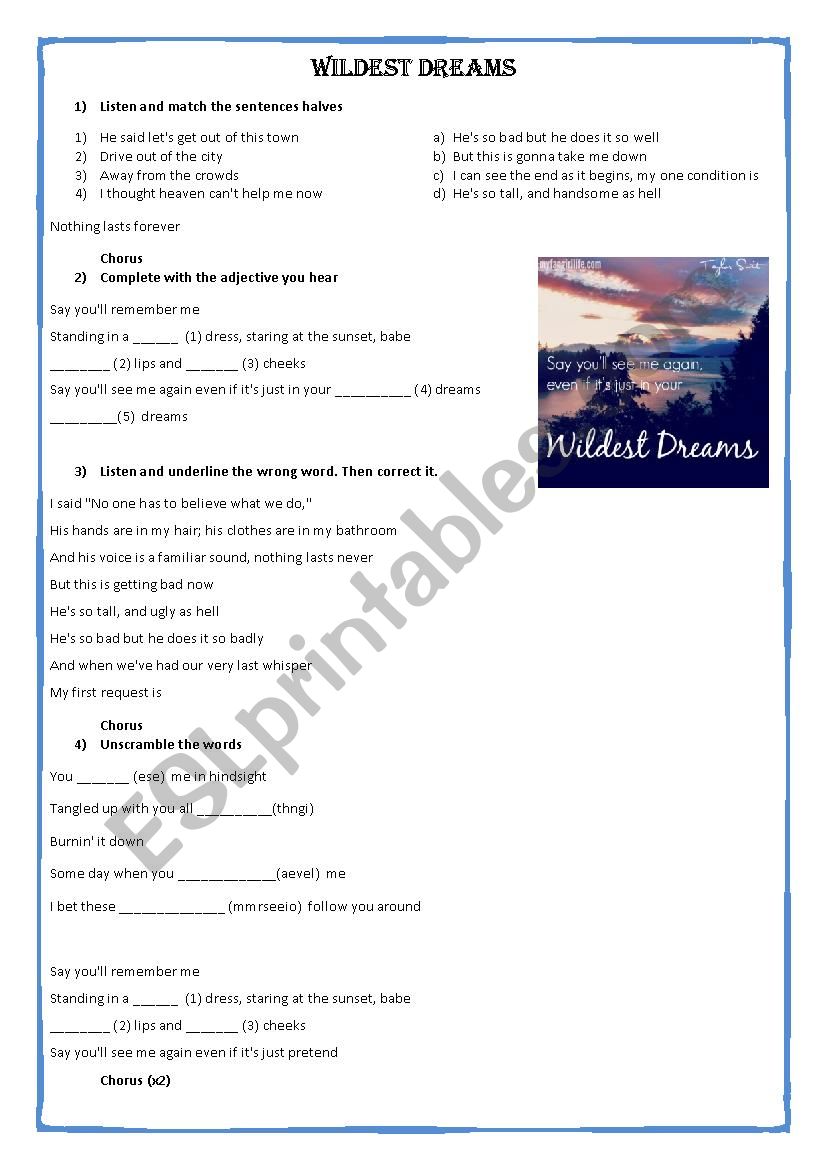 Wildest Dreams Taylor Swift worksheet