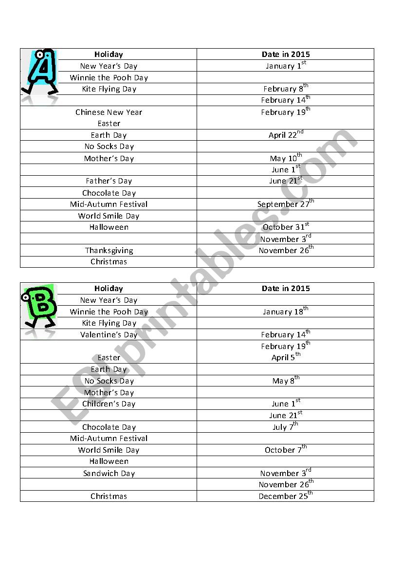 Holiday Dates Information Gap worksheet