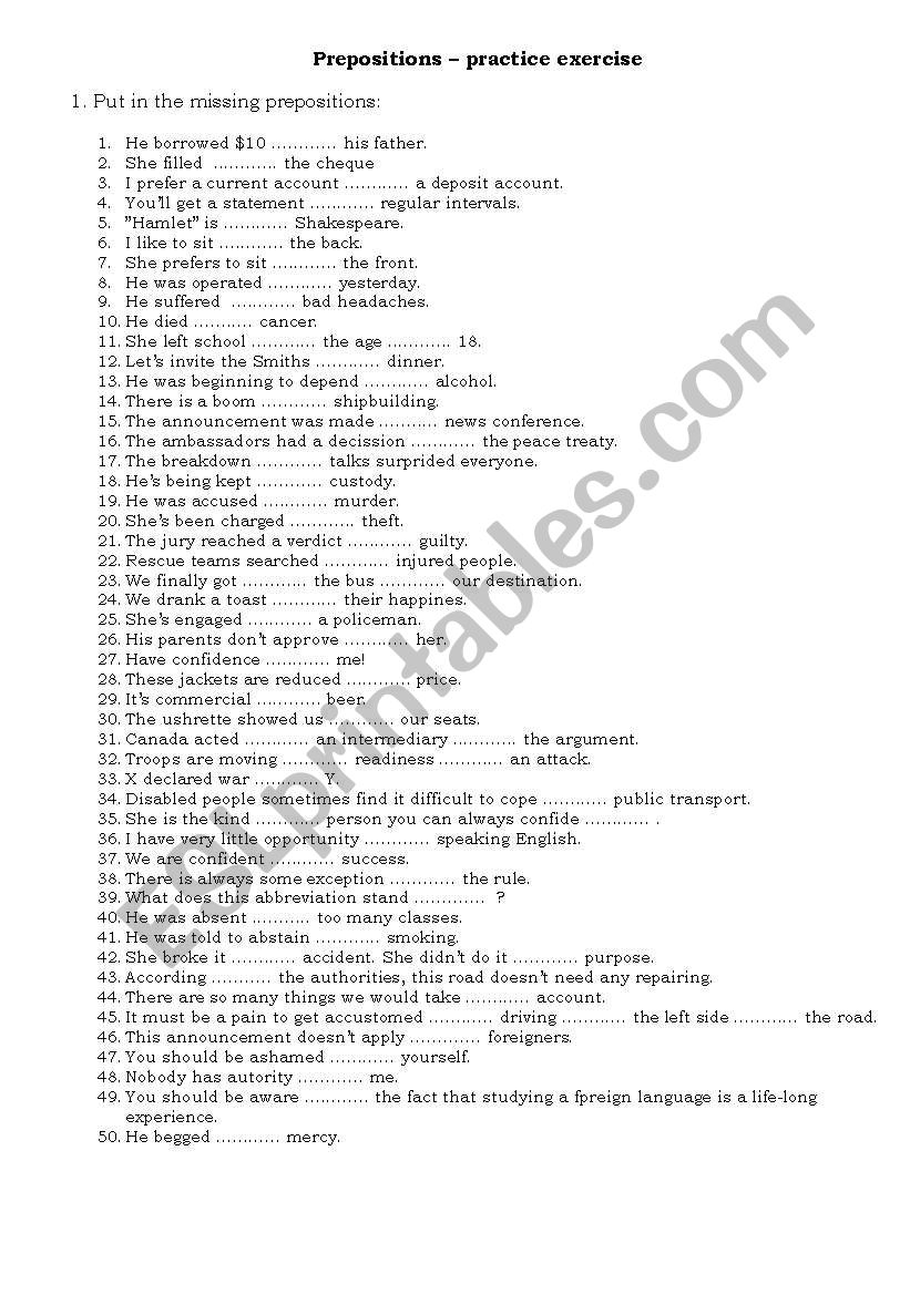 Prepositions worksheet