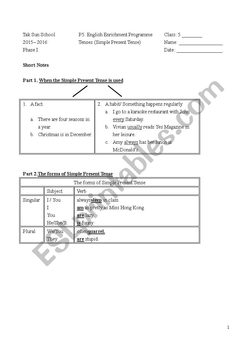 Present Tense worksheet