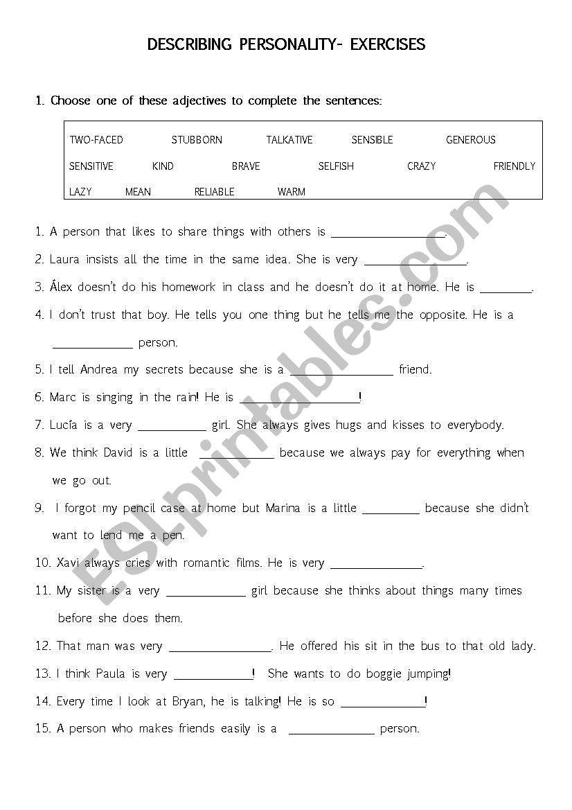 Describing personalities worksheet