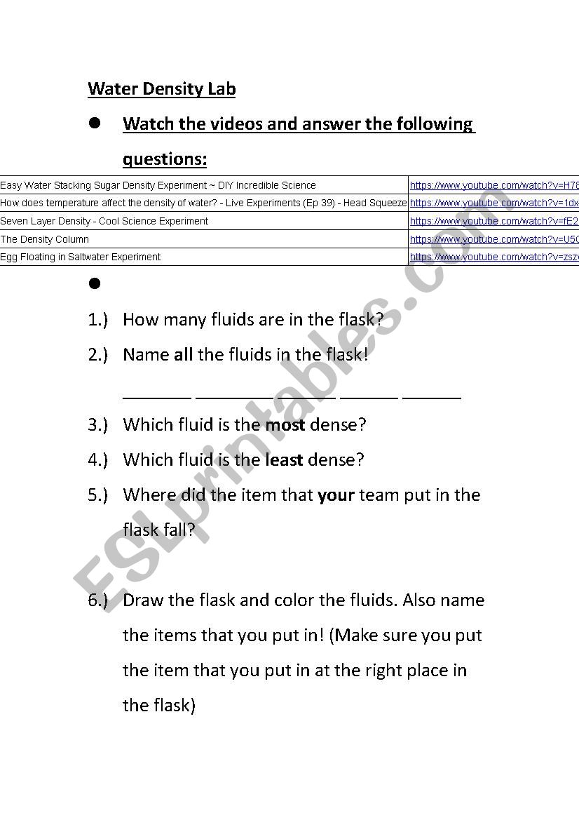 Water Density Lab worksheet