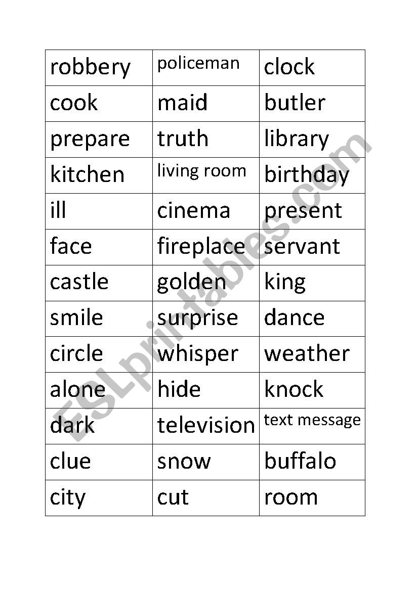 Words for Activity game  worksheet