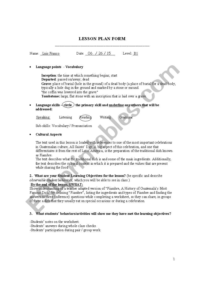 Fiambre - Reading Lesson worksheet