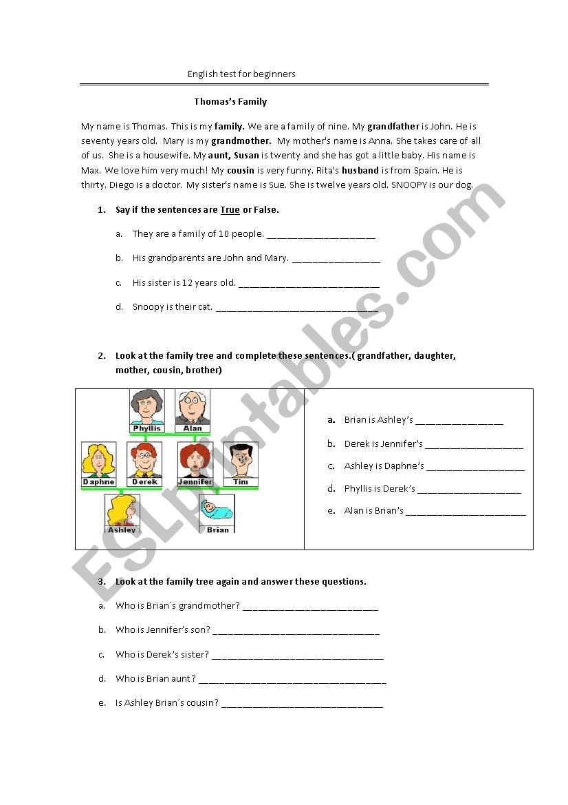 English test for beginners worksheet