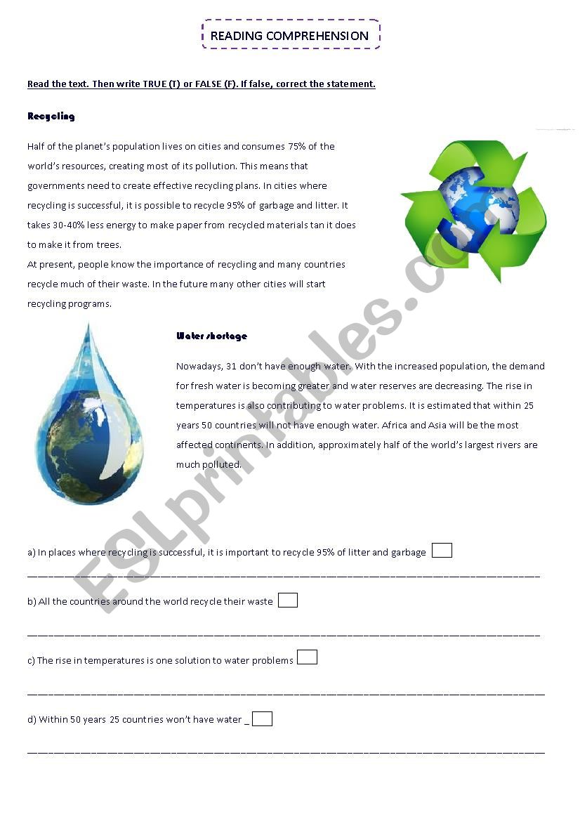 RECYCLING/ WATER SHORTAGE:Readind comprehension and vocabulary activities