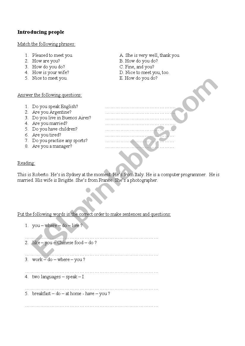 Introducing people worksheet